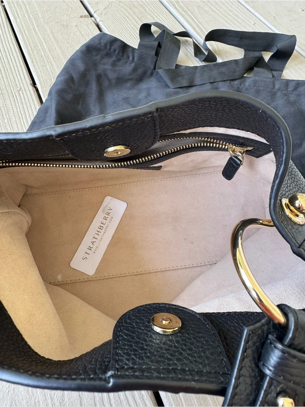Strathberry Black Pebbled Leather Shoulder Hobo with Gold Hardware